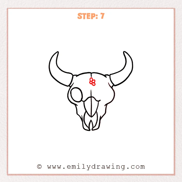 how to draw a bull skull - Bull skull drawing with two horns, skull structure lines, and a small flower detail added on the upper forehead.